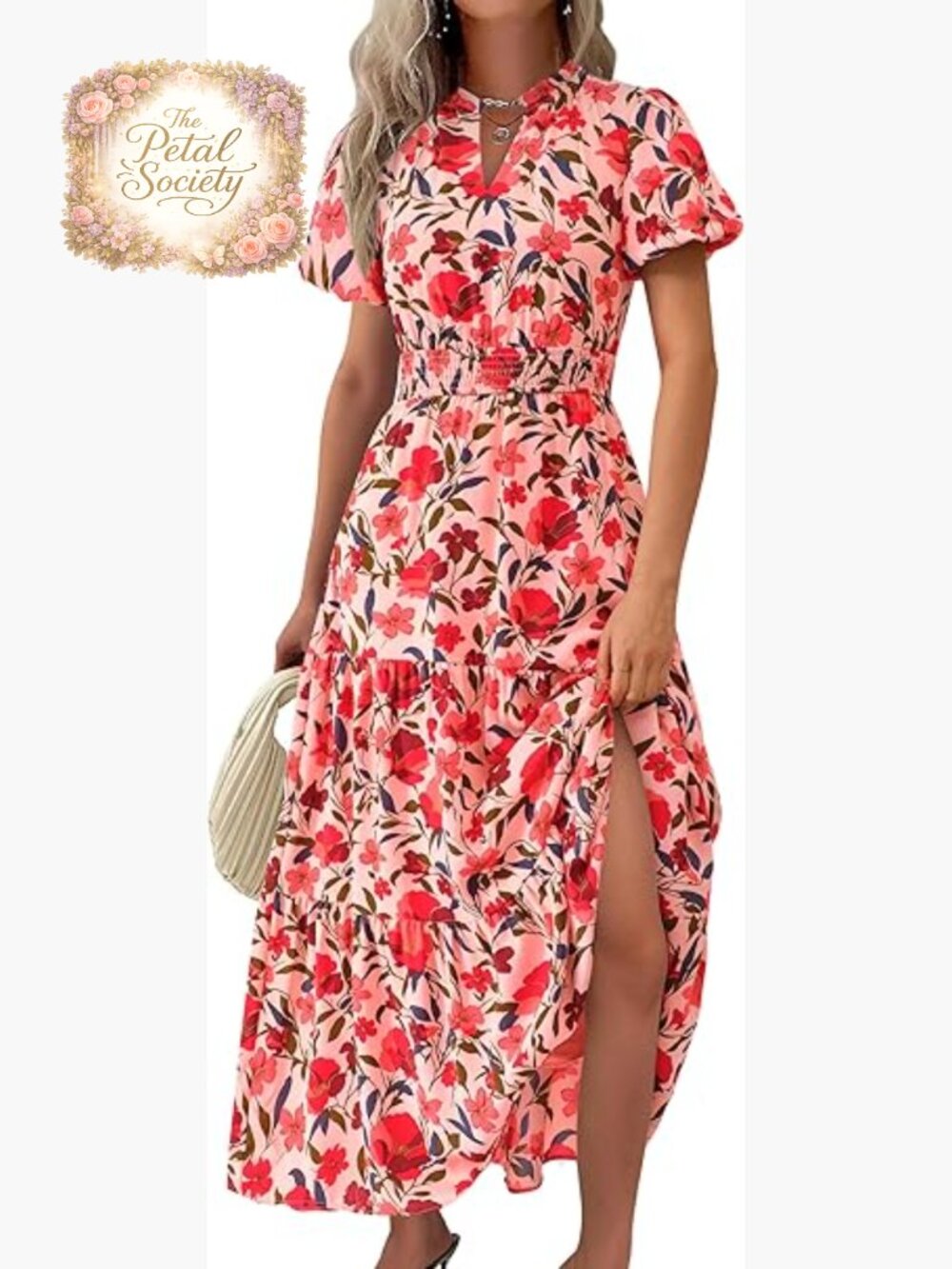 V-Neck Puff Sleeve Smocked Waist Maxi Dress with Side Pockets